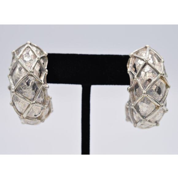 Givenchy Vintage Clip On Earrings Chunky Brushed Silver Hoop Runway 1980s BinH